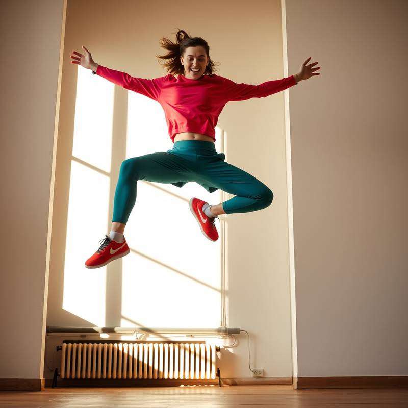 A dynamic fashion shot in The Loft, featuring a model jumping and wearing colorful sportswear and natural light pouring in.