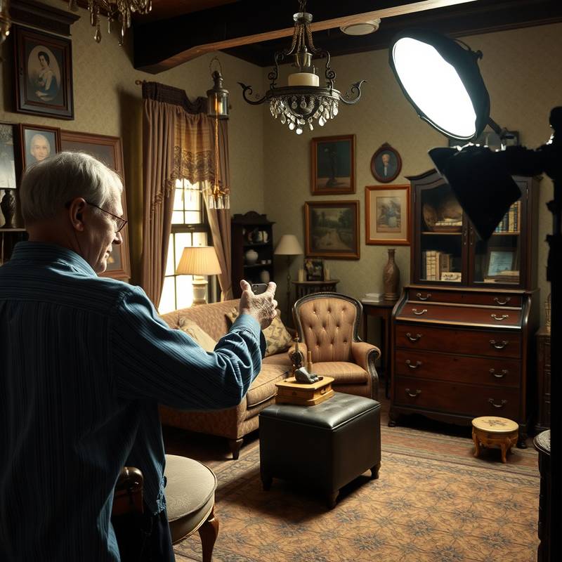 Behind-the-scenes shot of photographer David Miller adjusting props in The Vintage Room for a themed photoshoot.