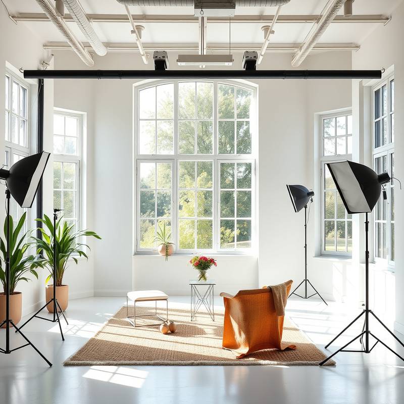 Bright and airy photo studio with large windows offering natural light
