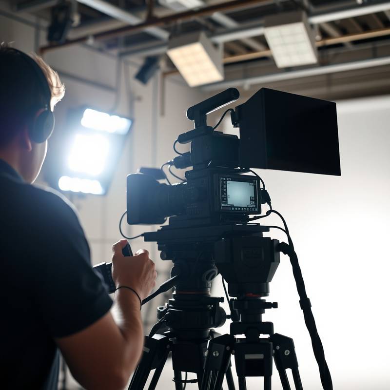 Camera operator setting up video equipment in Studio X, part of a behind-the-scenes look at video production.