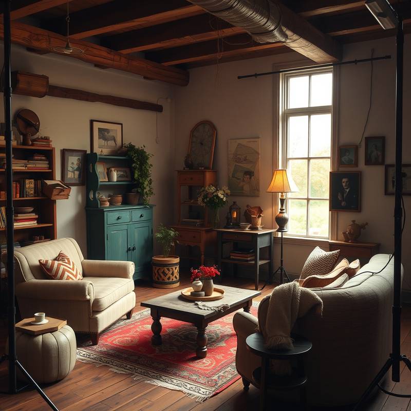 Cozy photo studio room with rustic charm and vintage furniture