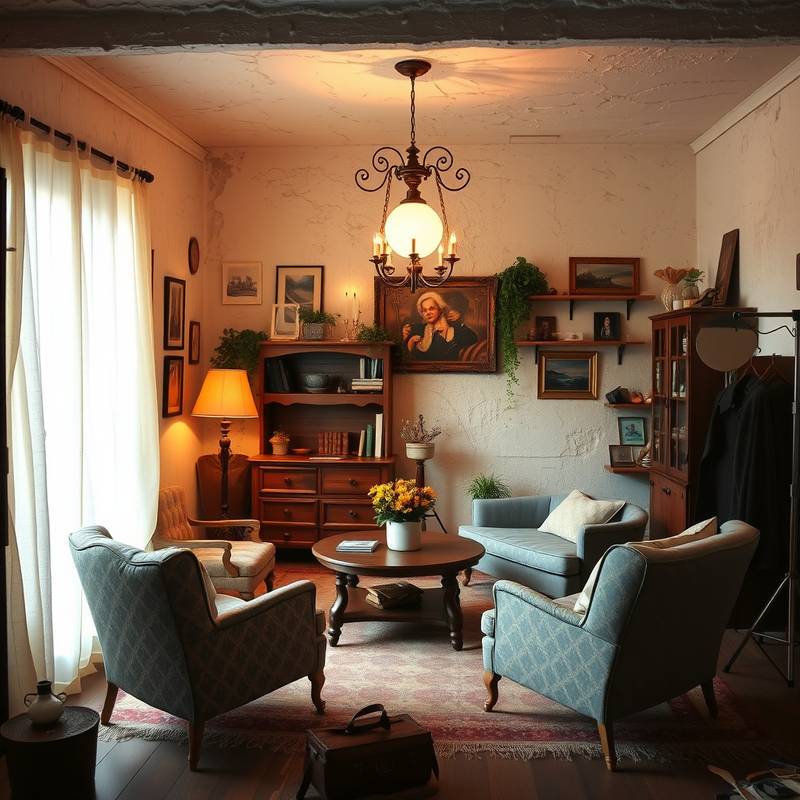 Cozy photo studio with vintage furniture and textured walls, creating a unique atmosphere