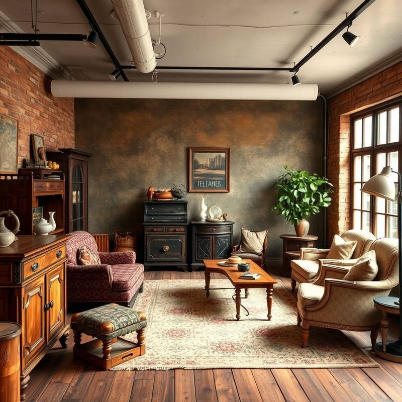 Cozy vintage-themed studio with antique furniture and textured backdrops