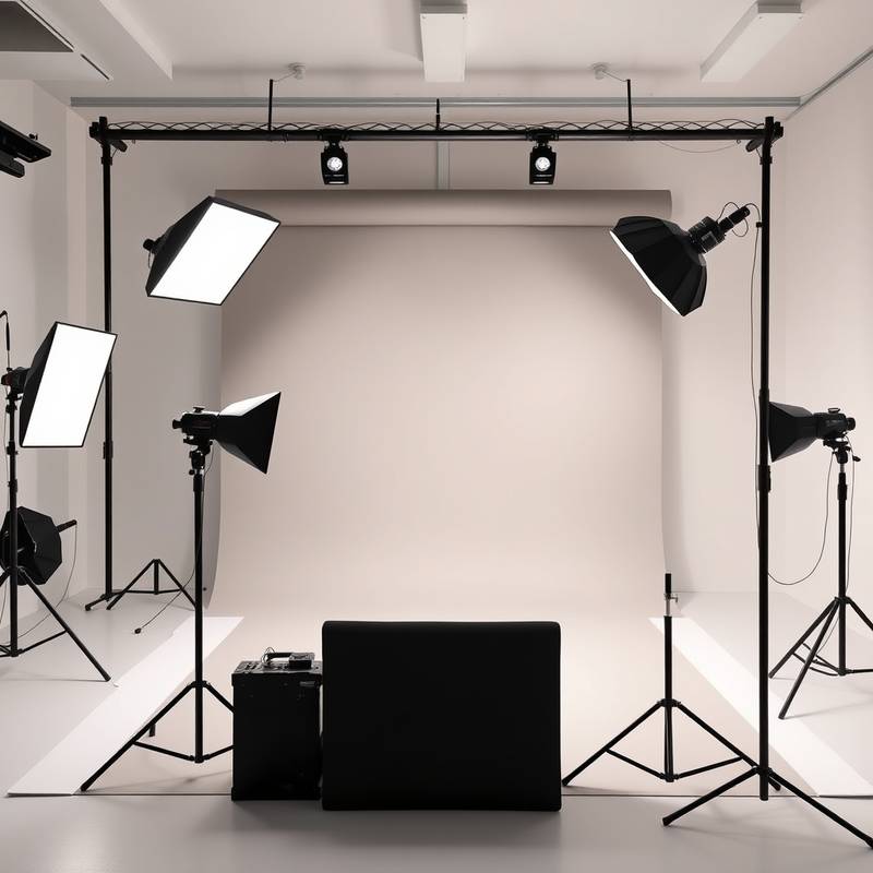 Modern photo studio room with professional lighting equipment and backdrops
