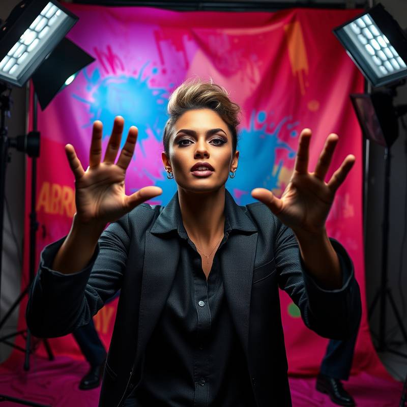 Modern portrait in Studio X with vibrant backdrops and an expressive model using creative poses and expressions.