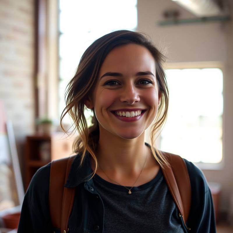 Natural light portrait in The Loft of a smiling woman wearing a casual outfit and warm ambiance.