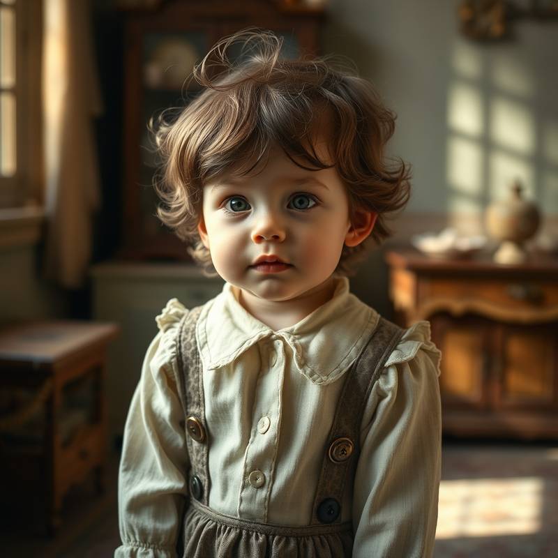 Portrait in The Vintage Room of a child in antique clothing, creating a whimsical and timeless image.