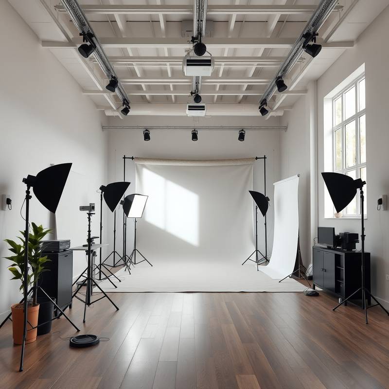 Spacious and well-equipped photo studio featuring a variety of backdrops