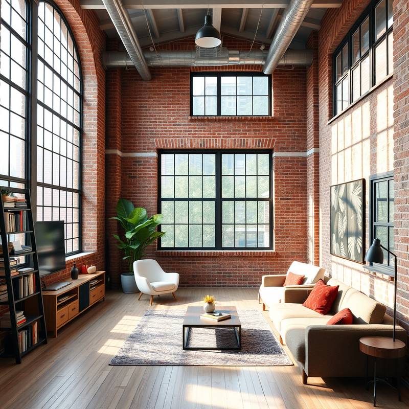 Stylish loft studio with exposed brick, large windows and natural light
