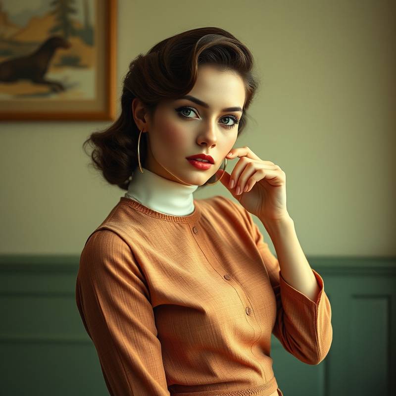 Vintage-themed fashion photoshoot in The Vintage Room with a model wearing retro clothing and posing elegantly.